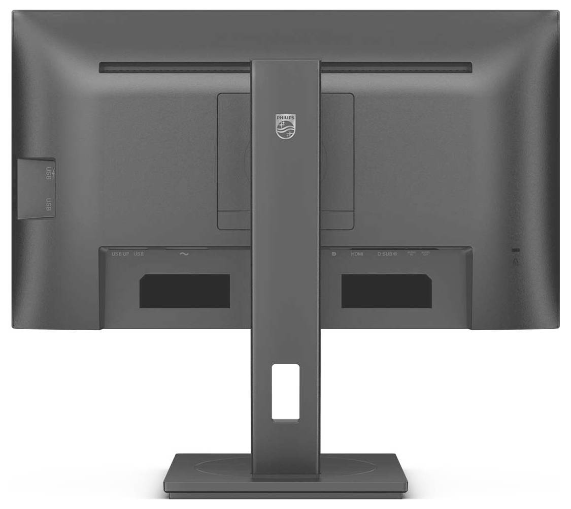 Un moniteur d'ordinateur noir, vu de dos, avec un pied vertical et des ports visibles à l'arrière.