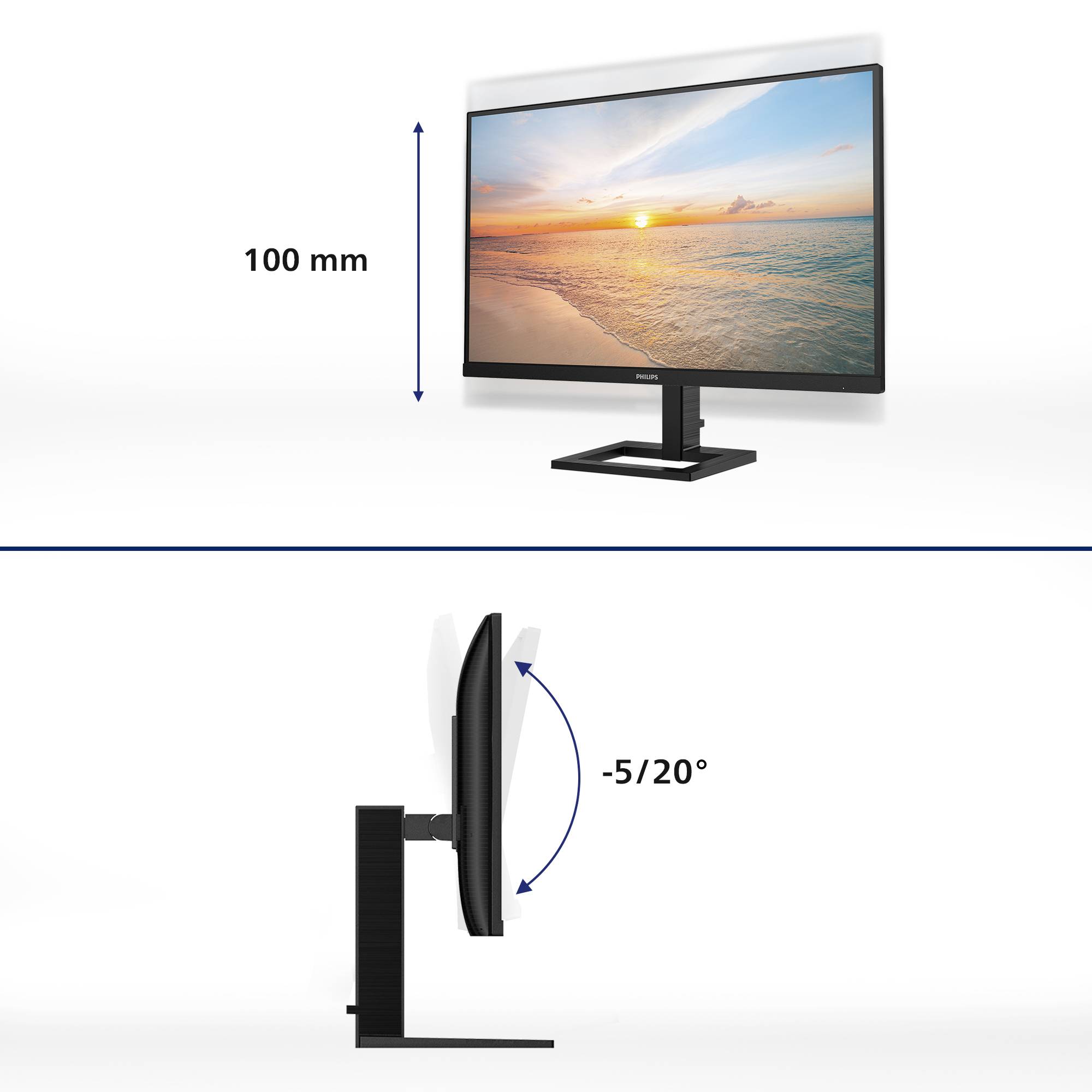 Un écran d'ordinateur affiche un coucher de soleil au-dessus de la mer. Les options de réglage du moniteur incluent une hauteur ajustable de 100 mm et un angle d'inclinaison de -5 à 20 degrés.
