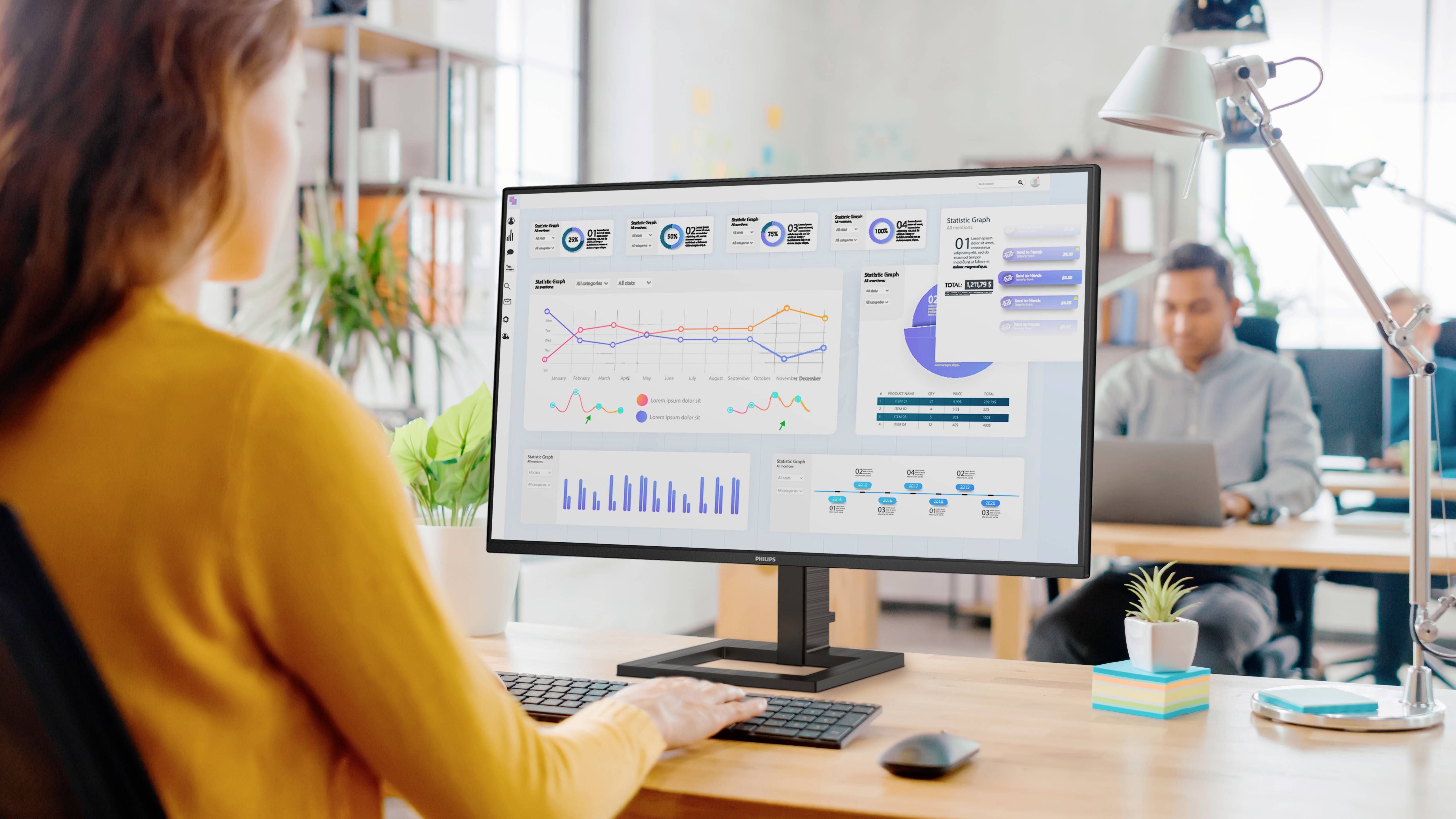 Une femme est assise à un bureau et regarde un écran affichant différents diagrammes et graphiques de visualisation de données.