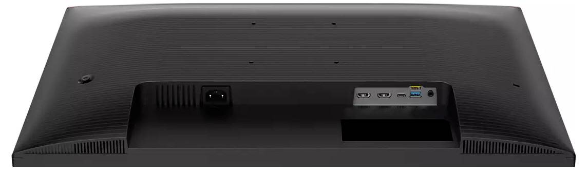 Vue arrière d'un moniteur informatique, montrant les connexions : alimentation électrique, deux ports HDMI, DisplayPort et ports USB. Boîtier noir.