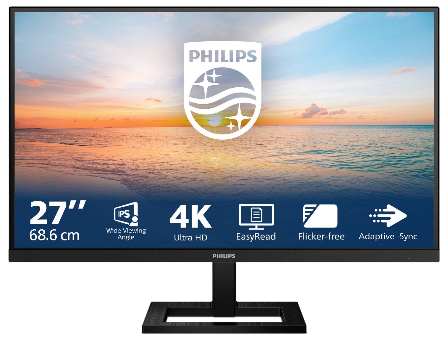 Un moniteur Philips de 27 pouces avec résolution 4K affiche une image de la mer au coucher de soleil. Fonctionnalités : IPS, EasyRead, sans scintillement, Adaptive-Sync.