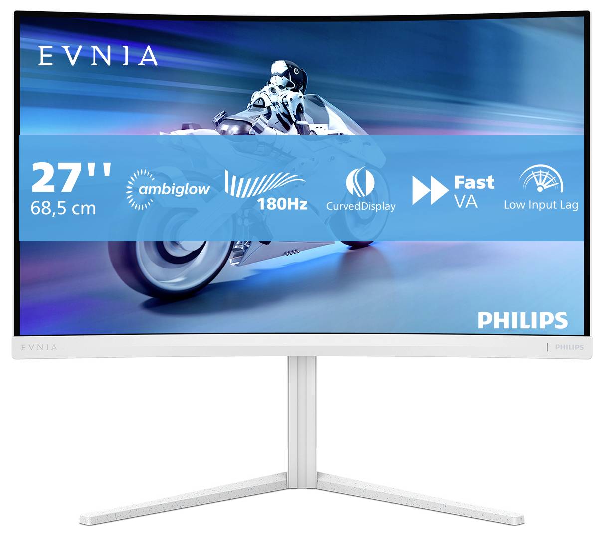 Un moniteur Philips de 27 pouces à écran incurvé, avec un taux de rafraîchissement de 180 Hz, Ambiglow, un panneau VA rapide et une latence d'entrée faible.