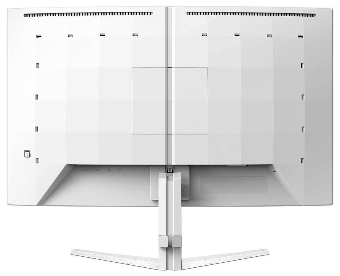 Dos d'un grand écran d'ordinateur blanc sur un support blanc. Le moniteur présente des fentes d'aération en haut.