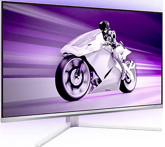 Une moto futuriste sur un écran de moniteur avec un fond violet. Le pilote est représenté à pleine vitesse.