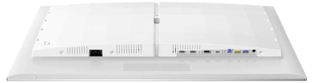L'image montre l'arrière d'un écran d'ordinateur blanc avec plusieurs ports, dont HDMI, USB et une prise d'alimentation.