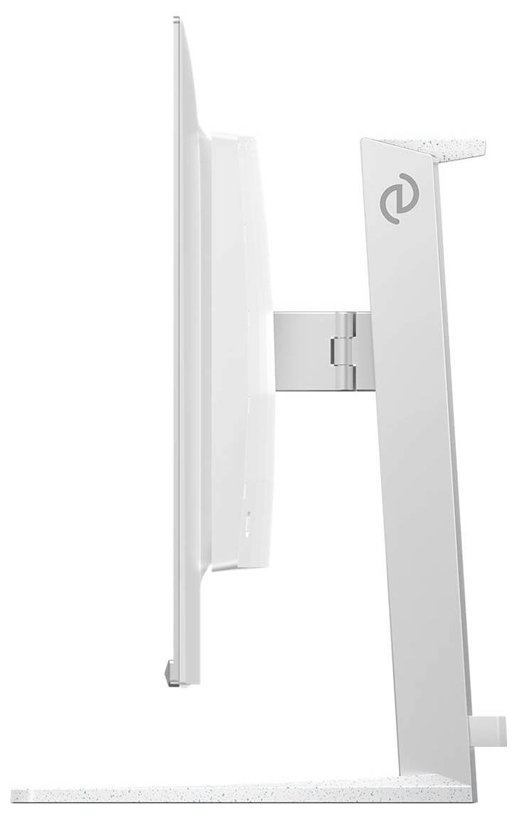 Vue latérale d'un moniteur d'ordinateur plat et moderne avec un cadre blanc et un socle. L'écran est à gauche, le support à droite.