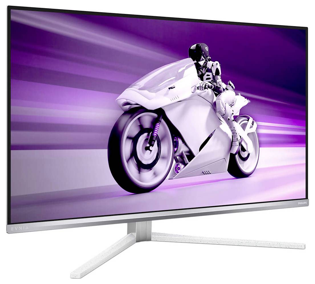 Un écran affichant l'image d'une moto futuriste et de son pilote dans des tons violets, illustrant la technologie moderne et la vitesse.