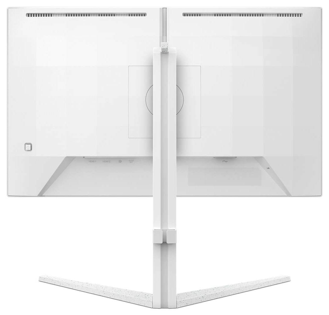 Un moniteur d'ordinateur blanc vu de dos, avec un support étroit au centre qui soutient l'écran.