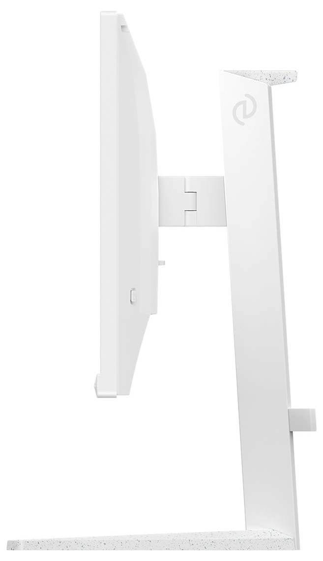 Vue latérale d'un moniteur d'ordinateur blanc moderne sur un socle, mettant en valeur son design élégant et sa capacité d'ajustement.