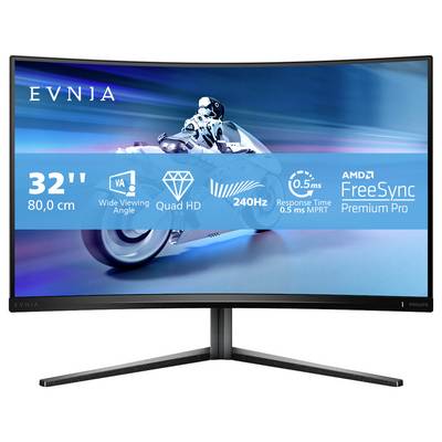 Un moniteur incurvé de 32 pouces affiche un motard en mouvement. L'écran offre une résolution Quad HD, un taux de rafraîchissement de 240 Hz, un temps de réponse de 0,5 ms et la technologie AMD FreeSync.