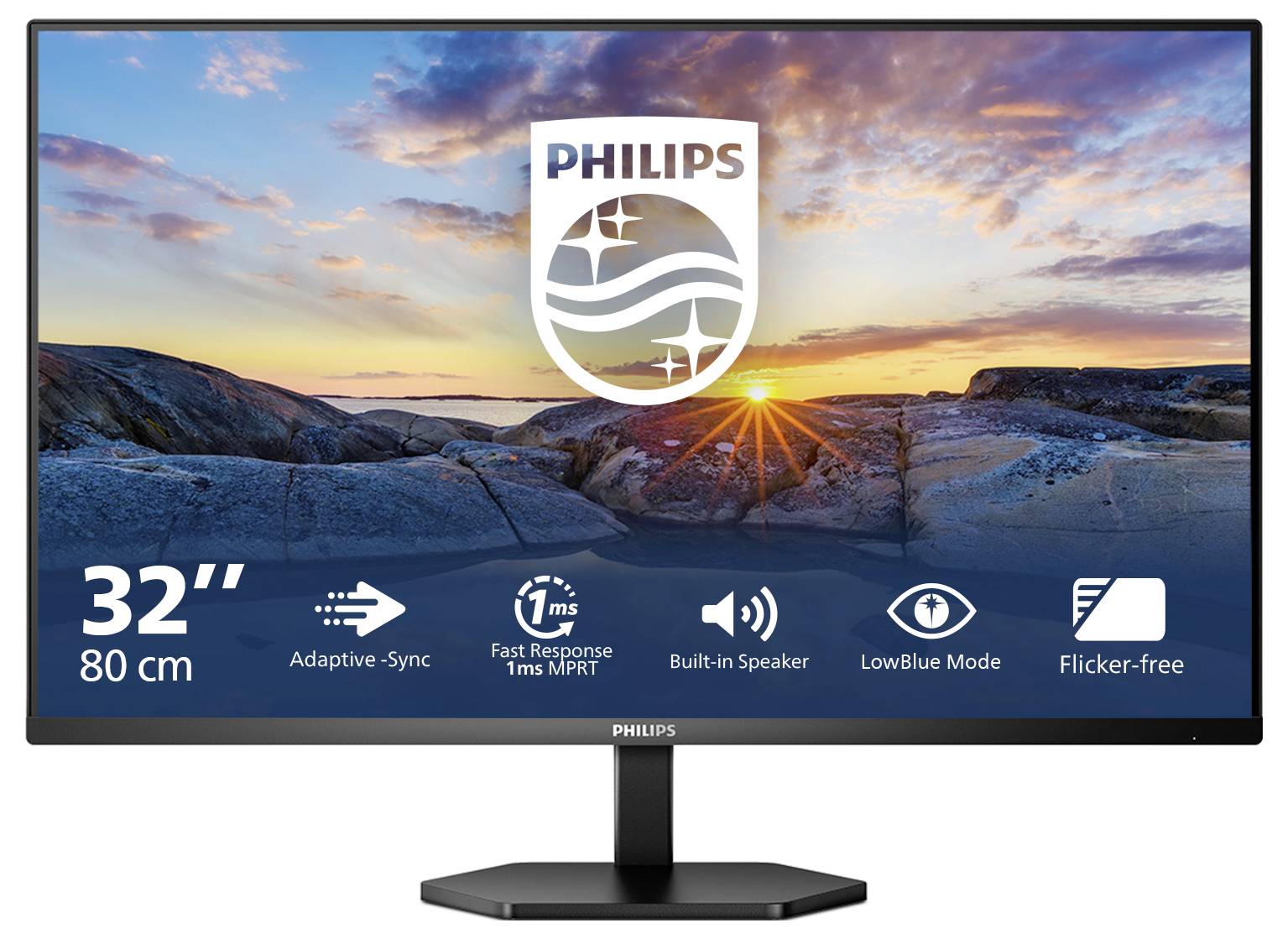 Un moniteur Philips de 32 pouces affiche un paysage rocheux au lever du soleil. Symboles en bas : Synchronisation adaptative, temps de réponse de 1 ms, haut-parleurs, mode LowBlue et mode sans scintillement.