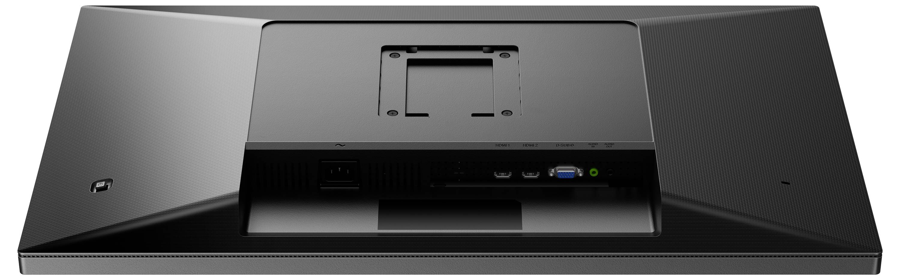 Vue arrière d'un moniteur avec support mural amovible et différentes connexions telles que HDMI et USB.