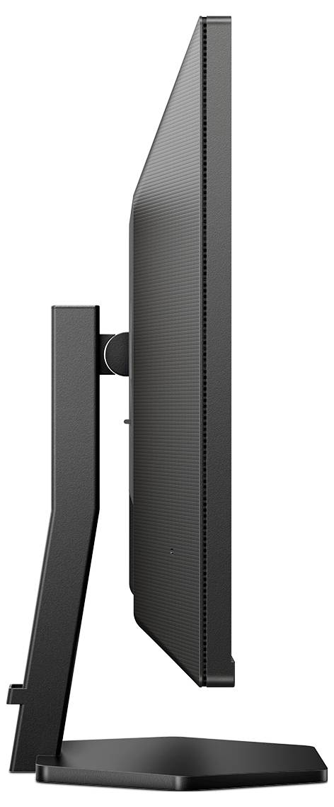 Un moniteur noir photographié de côté est posé sur un socle rectangulaire réglable en inclinaison.
