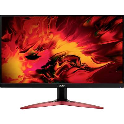 Un moniteur d'Acer avec un design abstrait lumineux rouge et orange à l'écran. Le socle est rouge.
