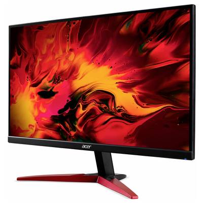 Un moniteur avec un cadre noir et un support rouge affiche une image abstraite et colorée en tons de rouge et de jaune sur l'écran.