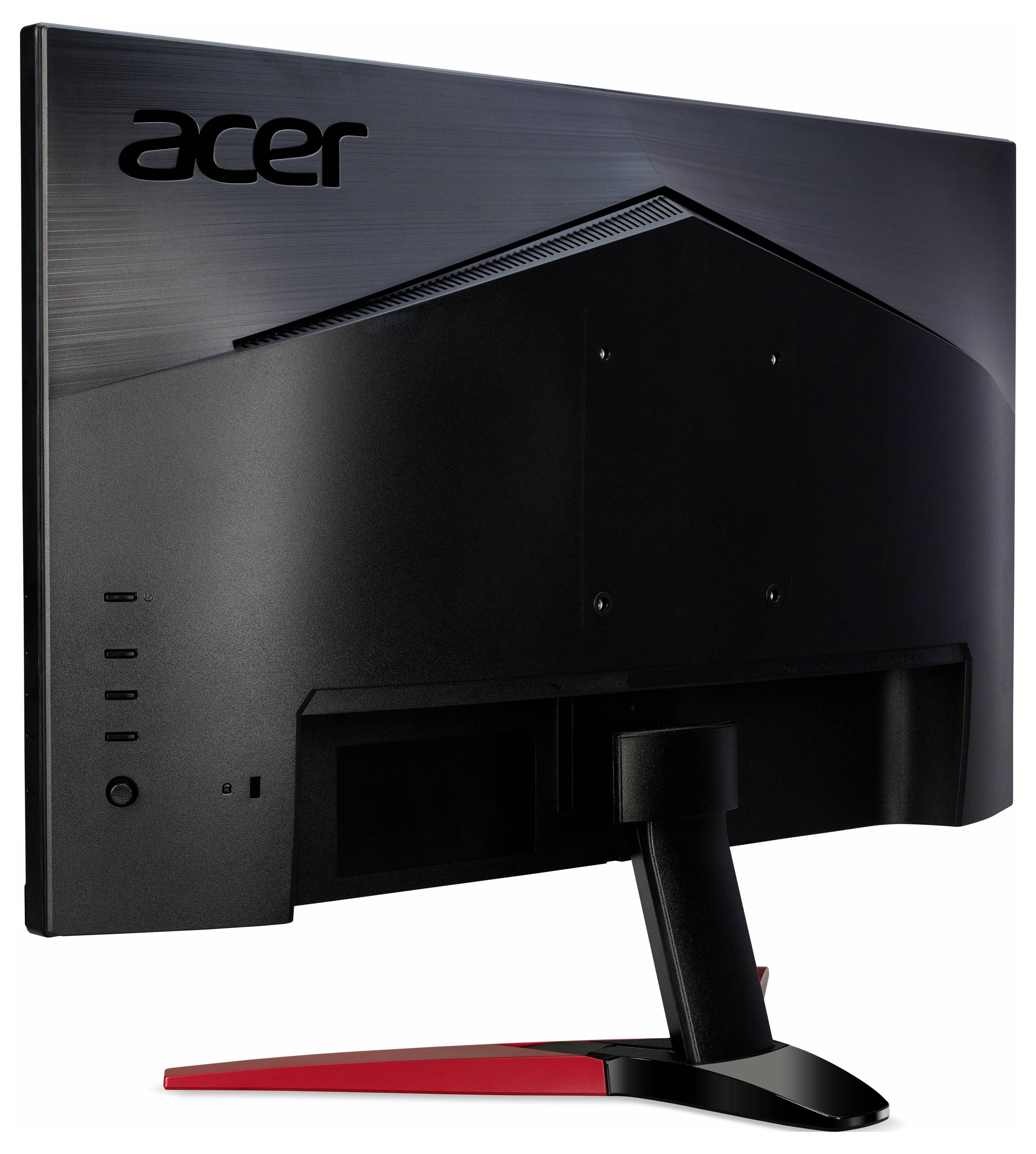 Un moniteur d'ordinateur au design noir avec un socle rouge, la marque Acer visible à l'arrière, adapté aux configurations de gaming.