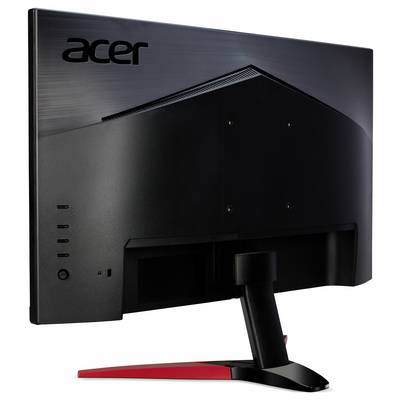 Un moniteur d'ordinateur au design noir avec un socle rouge, la marque Acer visible à l'arrière, adapté aux configurations de gaming.
