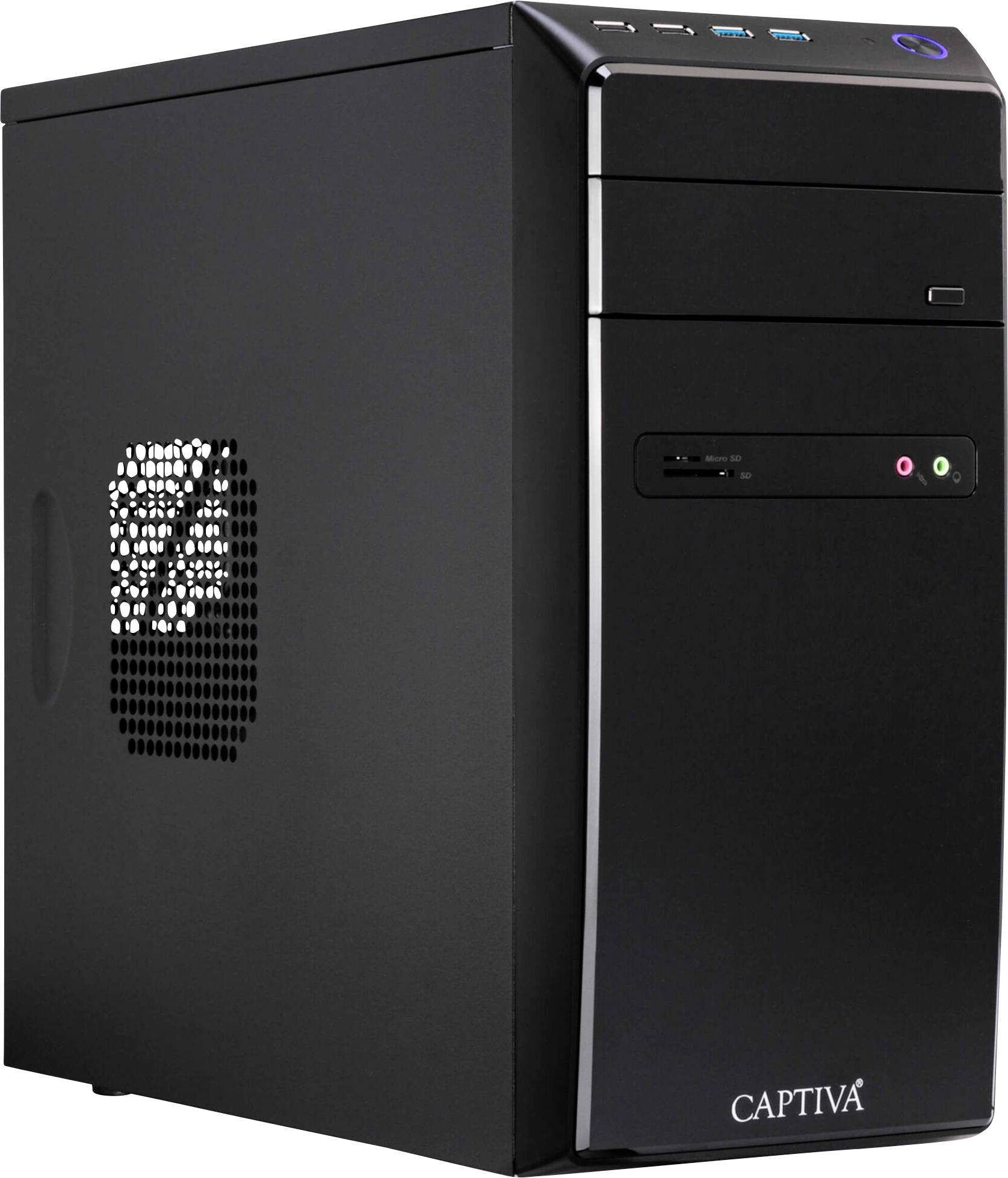Un boîtier d'ordinateur noir au design épuré. La façade dispose de ports USB et de connexions audio, avec des fentes de ventilation sur les côtés.