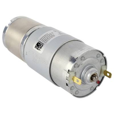 Un petit moteur électrique cylindrique avec boîtier métallique, étiqueté avec des spécifications et des détails du fabricant, présentant des bornes pour le câblage.