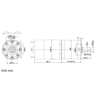'Dessin technique d'un composant cylindrique avec dimensions et spécifications étiquetées. Unité : mm.'