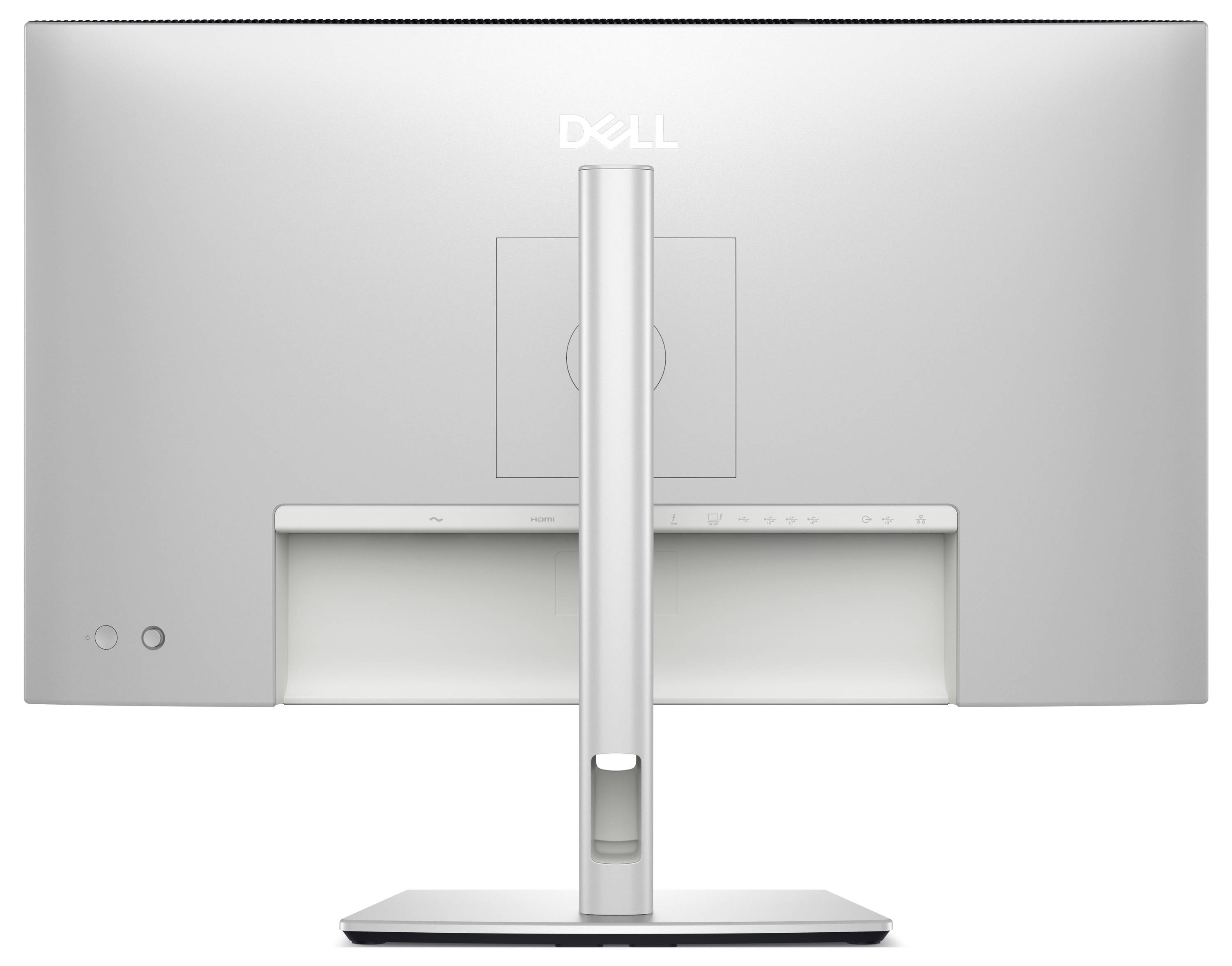 Vue arrière d'un moniteur Dell sur son socle. Le moniteur présente un design élégant et moderne avec une finition argentée.
