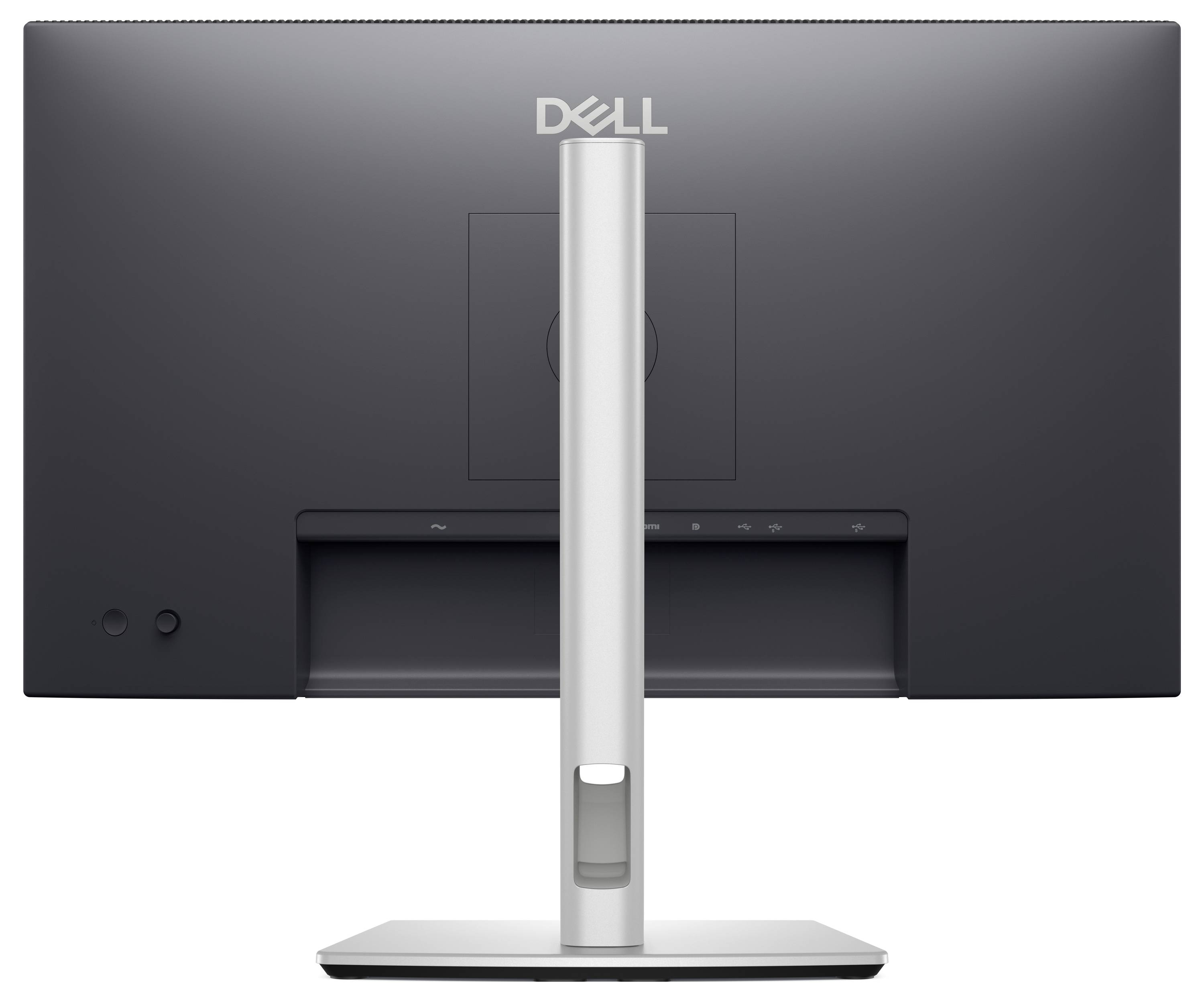 Dos d'un moniteur Dell noir sur un socle argenté, sans câbles ni connexions visibles.