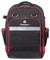 Un sac à dos TOOLCRAFT noir et rouge avec une bande réfléchissante, plusieurs poches et compartiments latéraux, conçu pour transporter des outils.