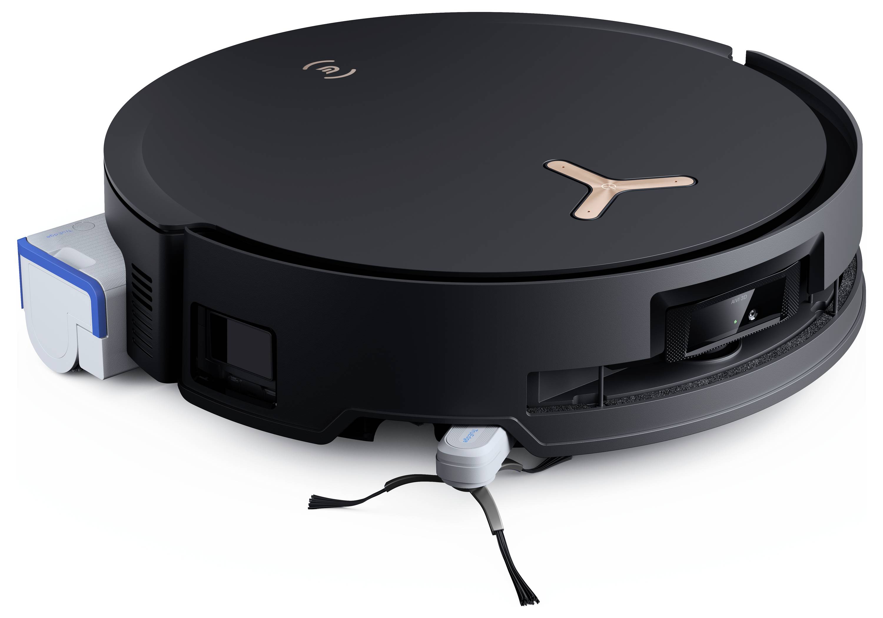 Un aspirateur robot noir avec une brosse de nettoyage bleue et des capteurs latéraux. Adapté pour le nettoyage automatisé des sols.