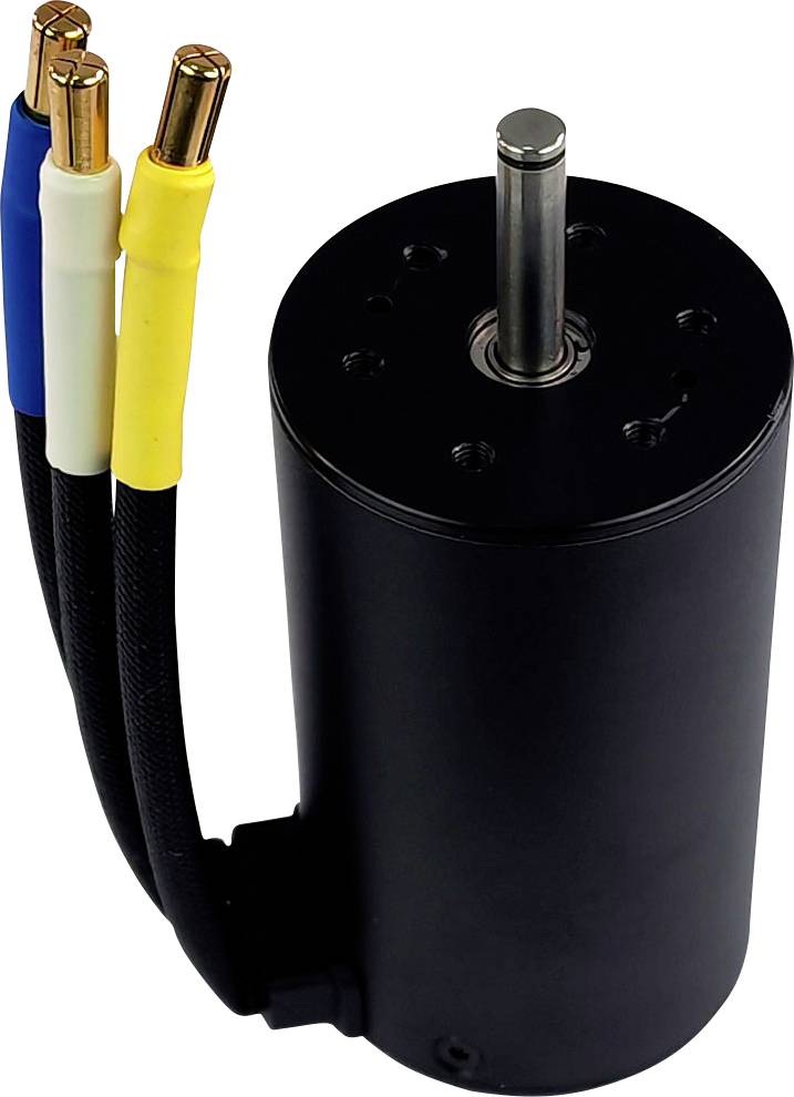 Un moteur électrique noir avec trois câbles de connexion colorés (bleu, blanc, jaune) et un axe métallique sur le dessus.