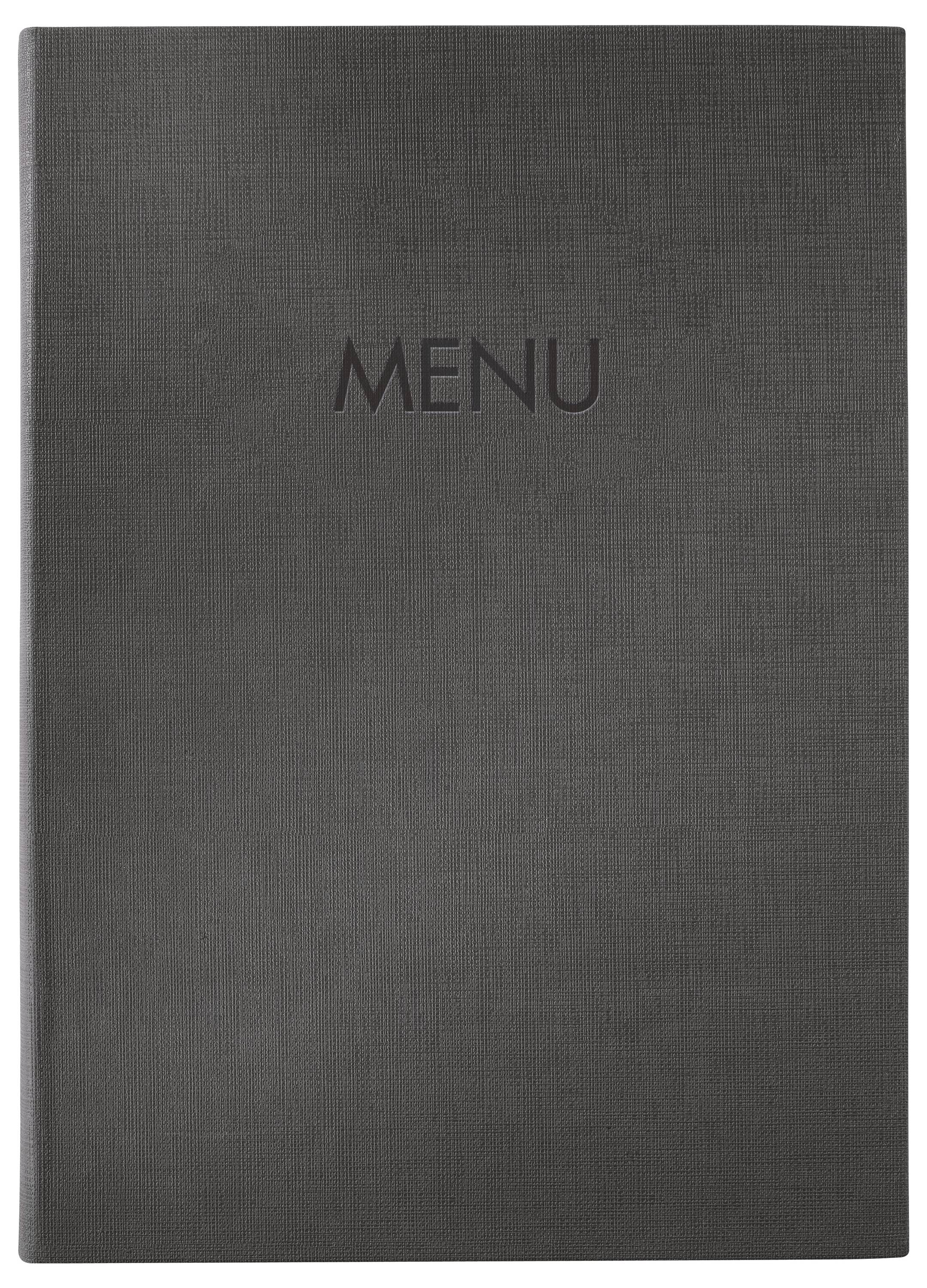 Livre de menu gris foncé fermé avec le mot « MENU » centré sur la couverture.