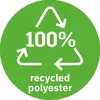 Logo vert avec des flèches blanches formant un symbole de recyclage. Texte : « 100 % polyester recyclé »