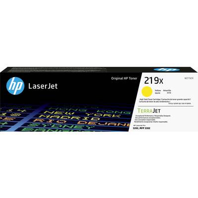 Boîte de toner jaune HP LaserJet 219X avec texte 'TerraJet' mettant en avant la durabilité, compatible avec les imprimantes HP 3202 et MFP 3202.