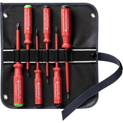 Un ensemble de tournevis isolés avec des poignées rouges rangés dans un étui noir, adapté aux travaux électriques.