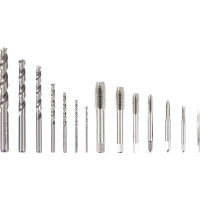 Un assortiment de forets et de tarauds métalliques, disposés de la plus petite à la plus grande taille, présentant différentes dimensions et types pour le perçage et le filetage.