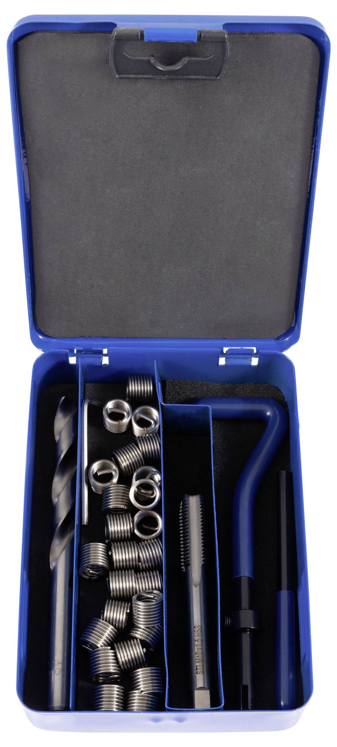 Une boîte à outils bleue contenant un foret, des inserts filetés, un taraud et un outil de manipulation, utilisée pour créer des filetages dans des trous.