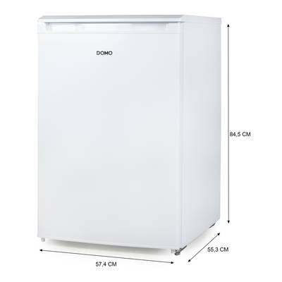 Un réfrigérateur blanc mesurant 84,5 cm de hauteur, 57,4 cm de largeur et 55,3 cm de profondeur.