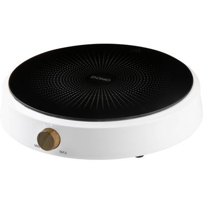 Plaque de cuisson à induction ronde avec surface brillante noire et un bouton rotatif de réglage de température sur l'avant.