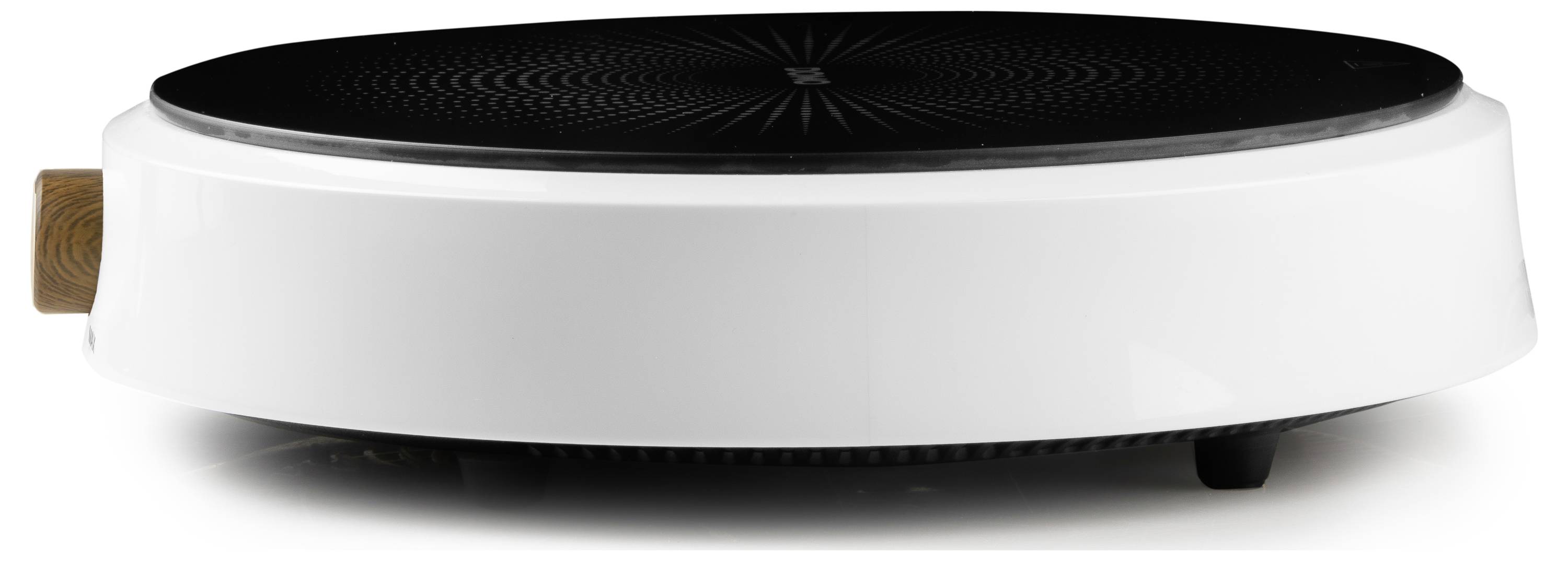 Purificateur d'air rond, blanc, avec un dessus noir et un élément en bois sur le côté.