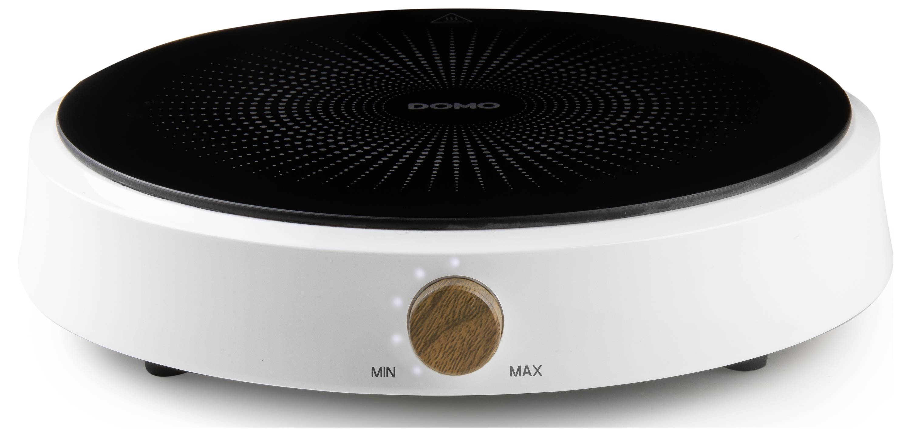 Une plaque chauffante ronde et portable avec un bouton en bois pour régler la température, allant de 'min' à 'max', sur un boîtier blanc.