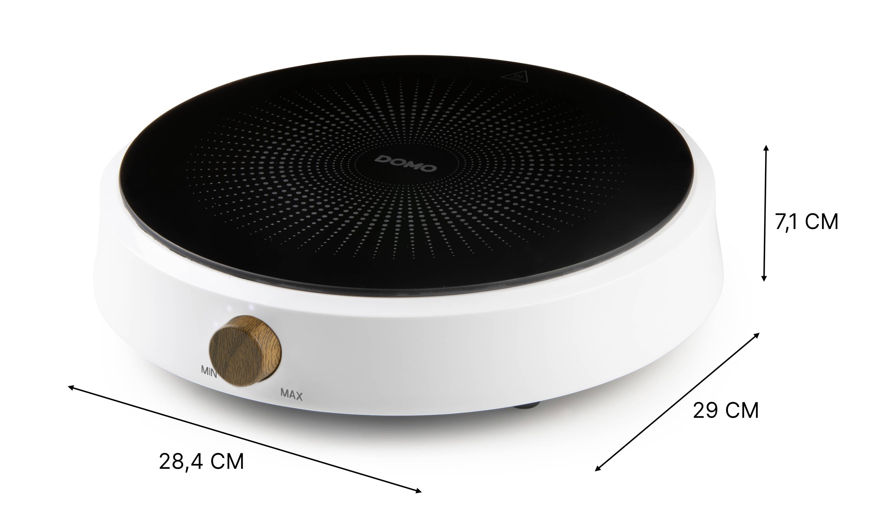 'Plaque de cuisson à induction de 28,4 cm de diamètre, hauteur de 7,1 cm et profondeur de 29 cm, avec une molette de réglage pour les paramètres Min/Max.'