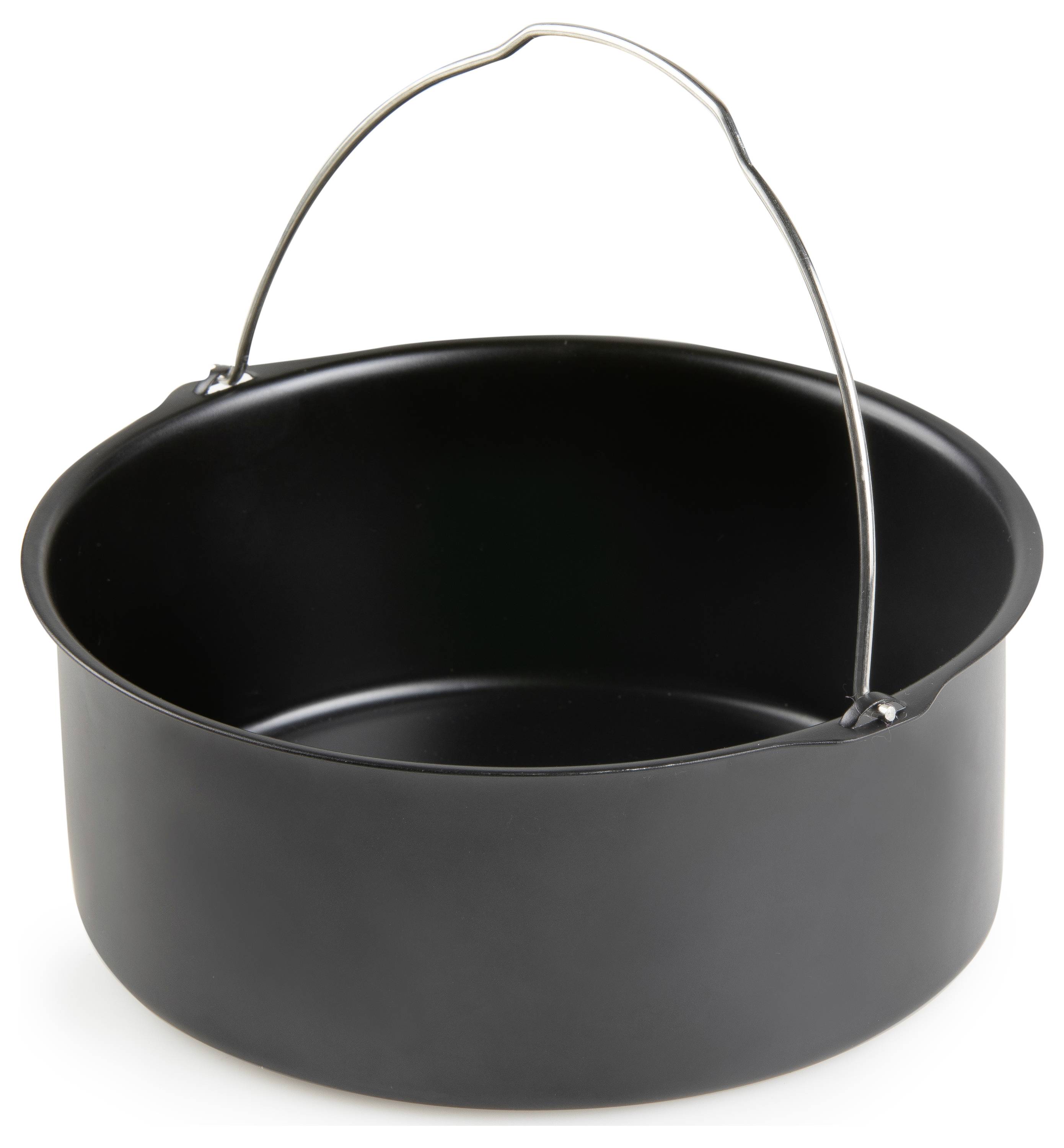 Une poêle de camping noire, ronde et profonde avec une poignée en métal. Idéale pour la cuisine en extérieur.