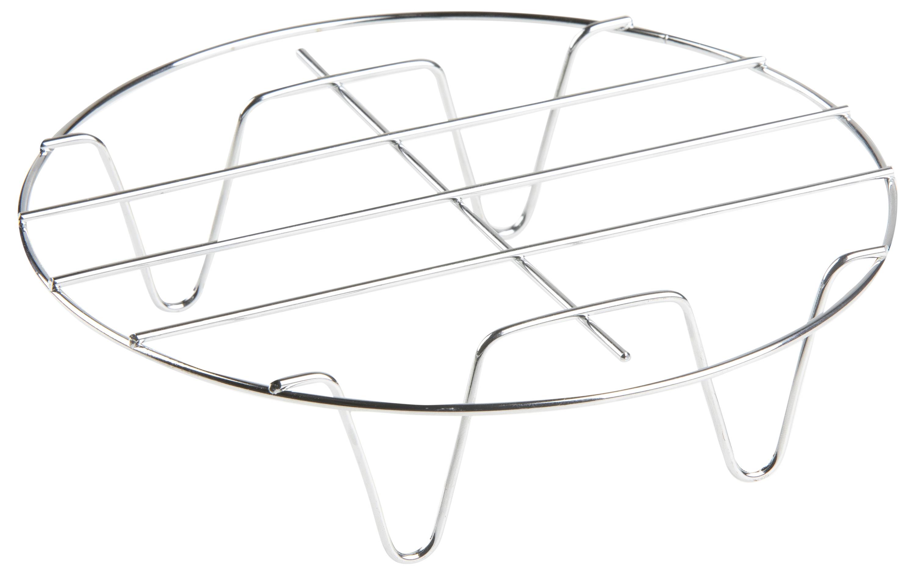 Un support en métal argenté, rond, avec quatre pieds et plusieurs barres transversales, probablement utilisé comme grille de support ou dessous de plat.