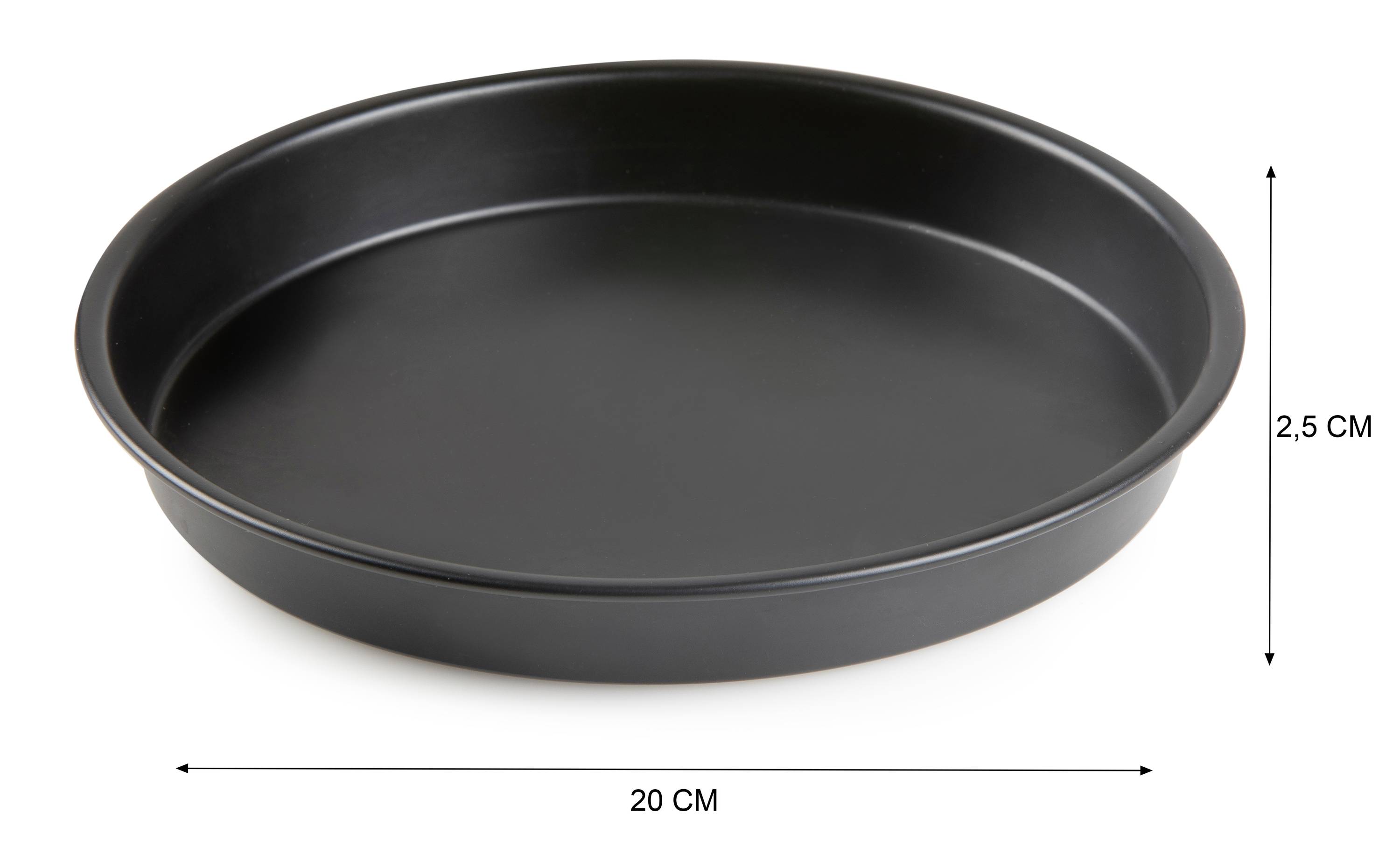 Moule à gâteau rond noir en matériau antiadhésif, diamètre de 20 cm et hauteur de 2,5 cm. Idéal pour la préparation de gâteaux ou de tartes.