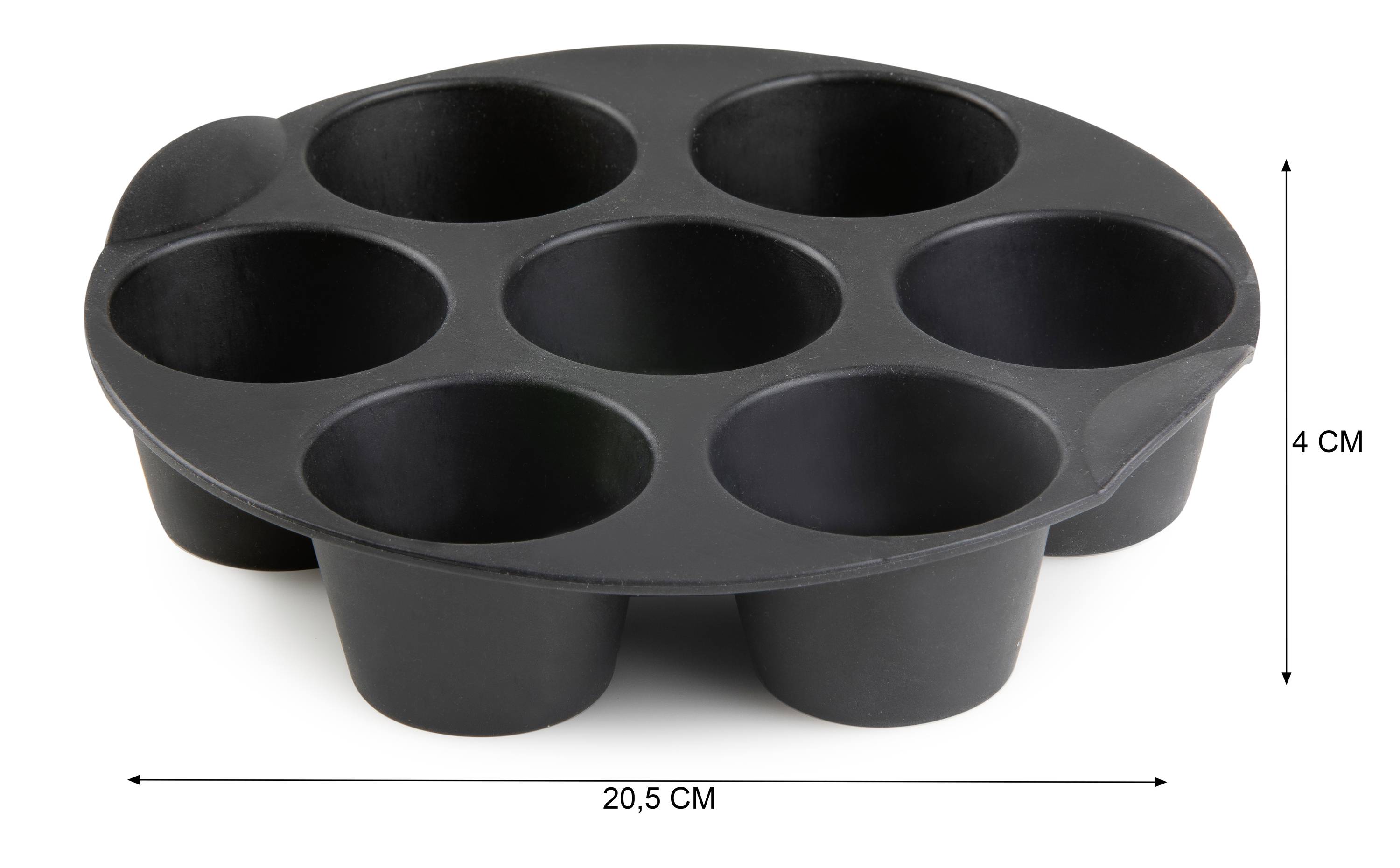 Moule à muffins en silicone noir avec sept cavités, diamètre de 20,5 cm, hauteur de 4 cm. Idéal pour la préparation de muffins ou de cupcakes.