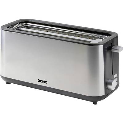 Grille-pain argenté long avec deux fentes et des commandes sur le côté. Adapté aux tranches de pain de différentes tailles.