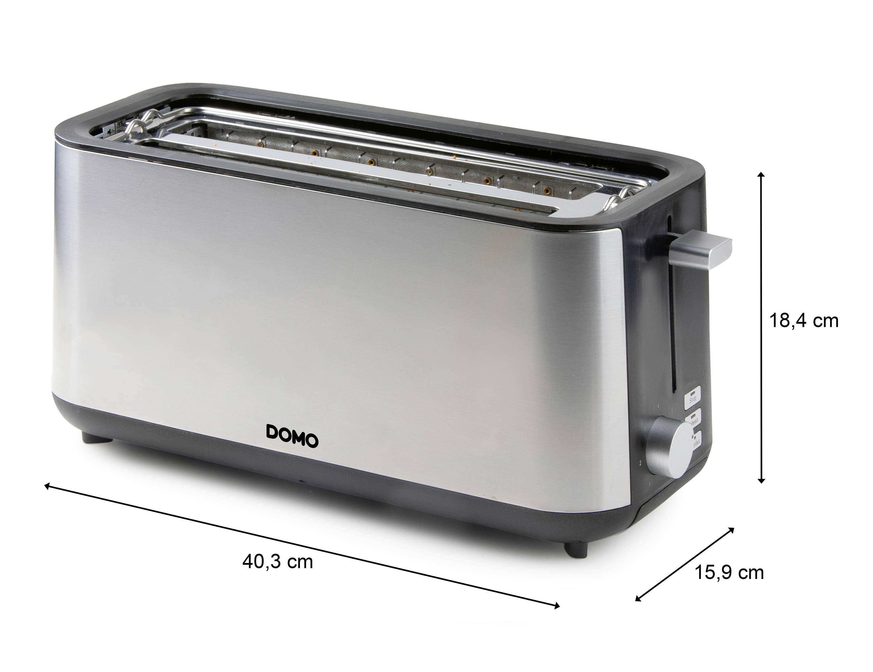 Un grille-pain rectangulaire en acier inoxydable avec un levier sur le côté et les dimensions suivantes : 40,3 cm (longueur), 18,4 cm (hauteur), 15,9 cm (profondeur).