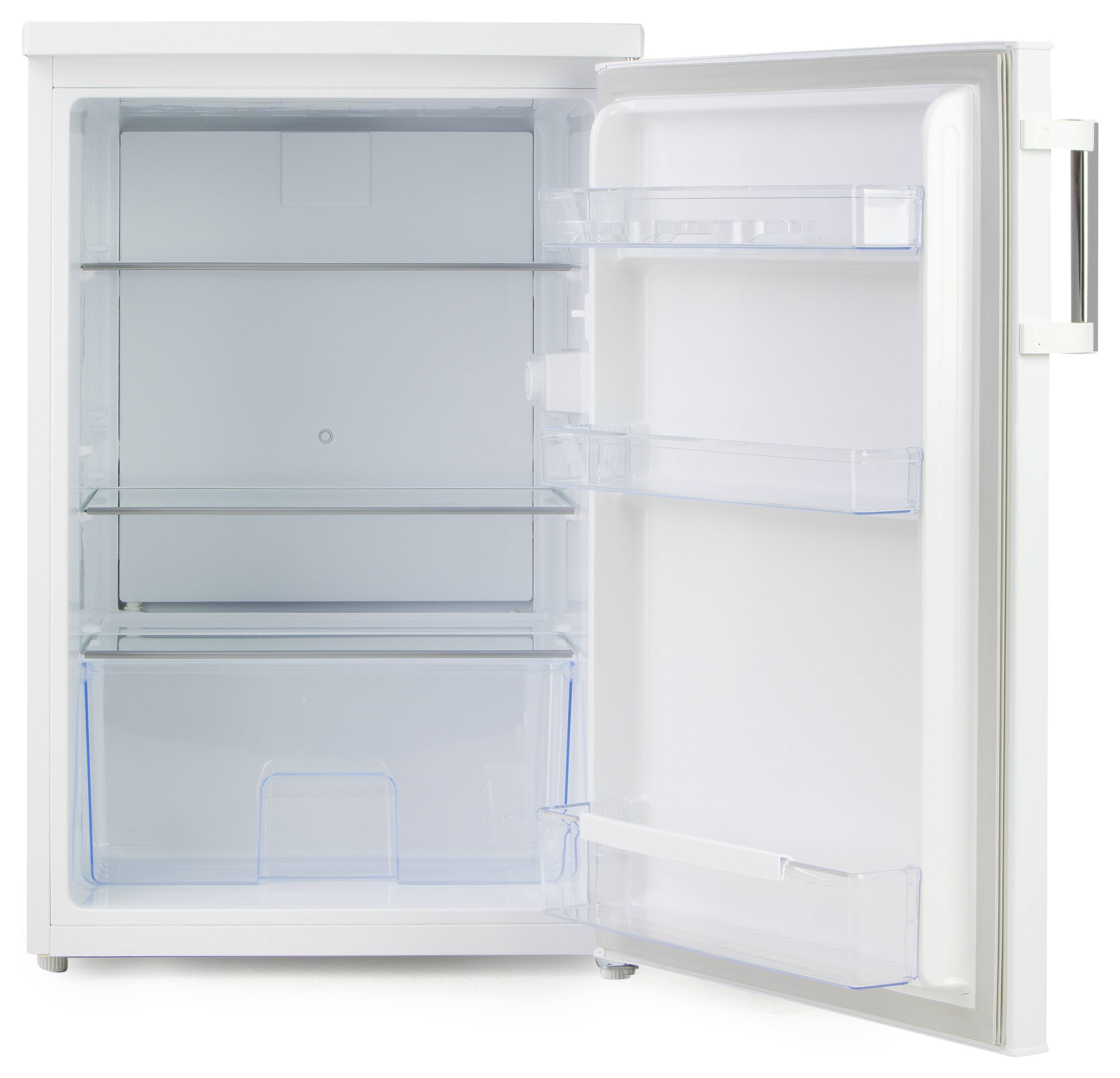 Un réfrigérateur ouvert, vide, équipé de trois étagères en verre et de trois compartiments de porte, adapté à l'organisation des aliments.