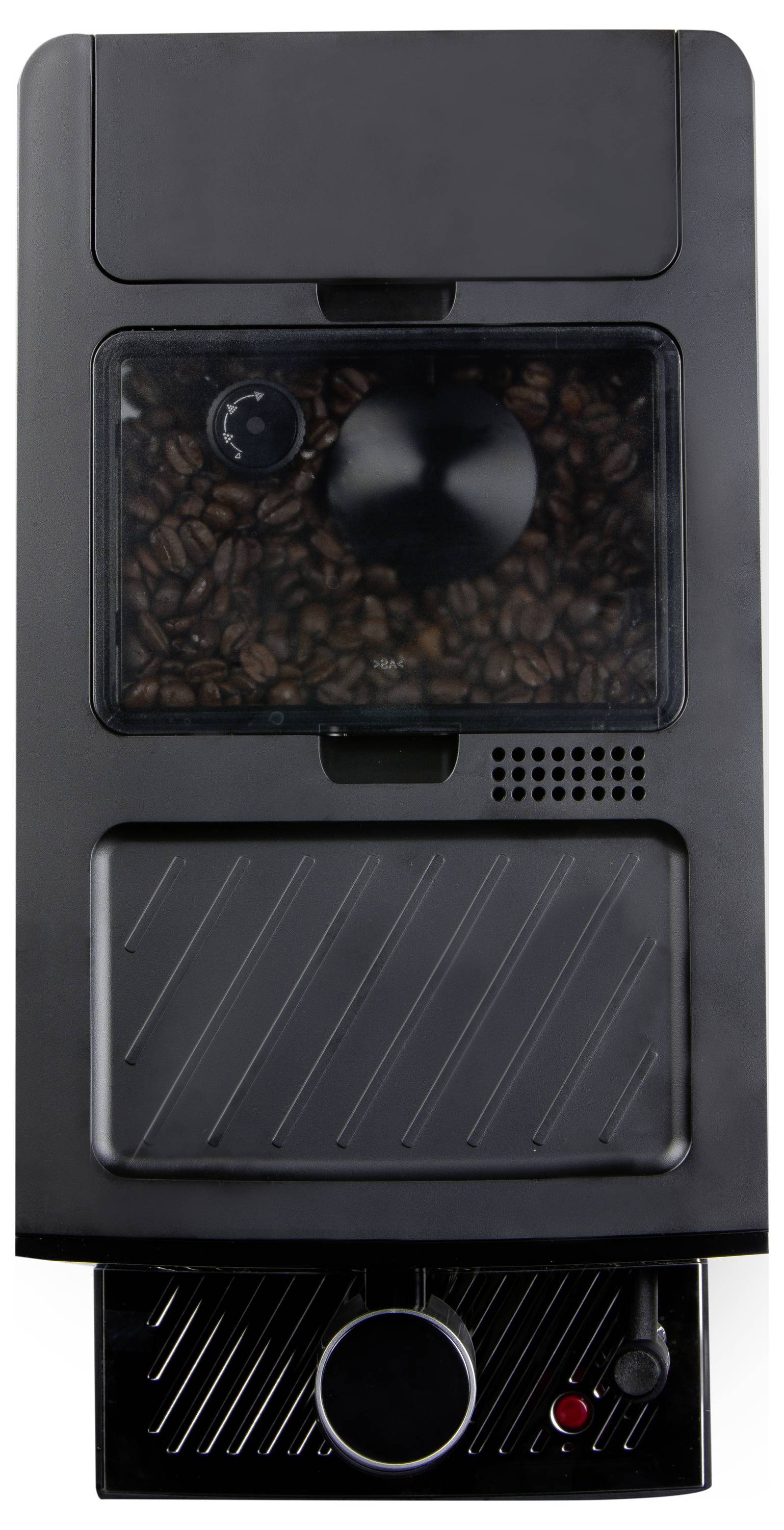 Machine à café automatique avec réservoir à grains transparent en haut, surface noire et panneau de commande en bas.