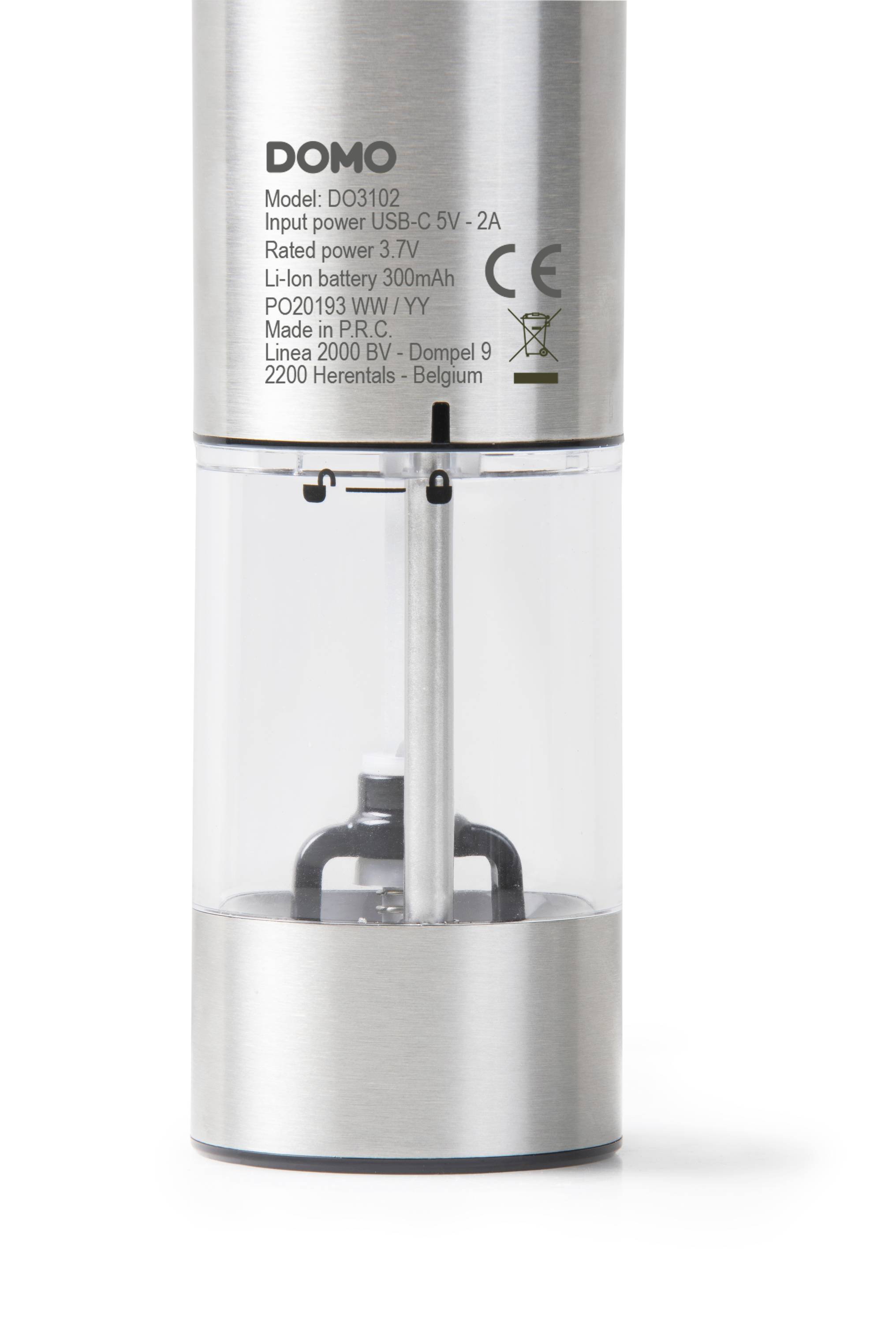 Un moulin à sel ou à poivre électrique en acier inoxydable avec fenêtre transparente et étiquette contenant les informations du fabricant.