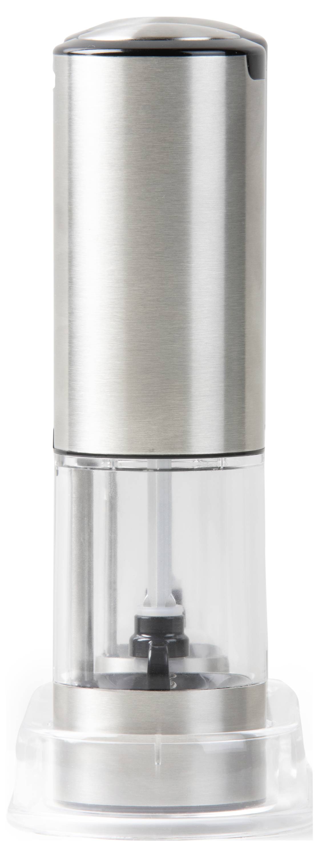 Moulin à sel ou à poivre électrique en acier inoxydable, debout sur un socle transparent. Adapté pour une utilisation en cuisine.
